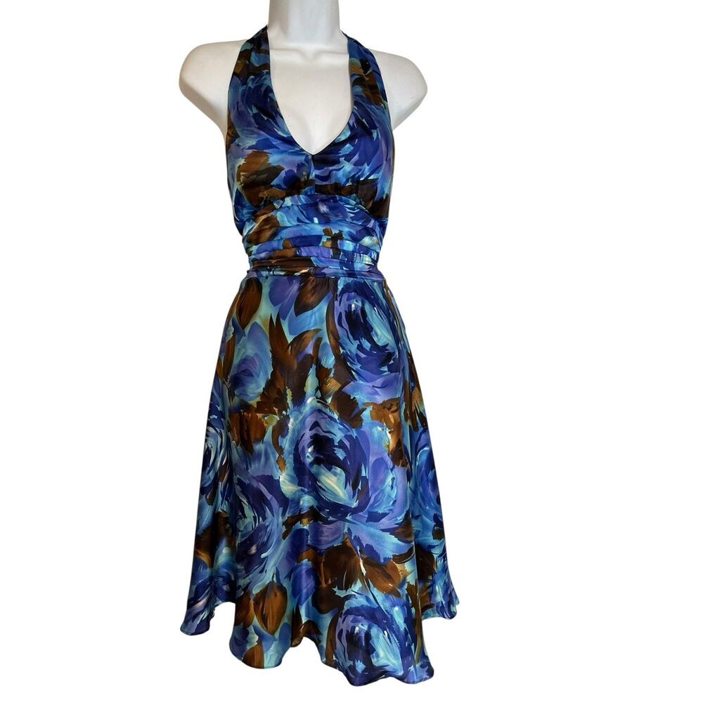 Silk Y2K Abstract Floral Blue Brown Halter Fit & Flare Rockabilly Fairy Dress 8P